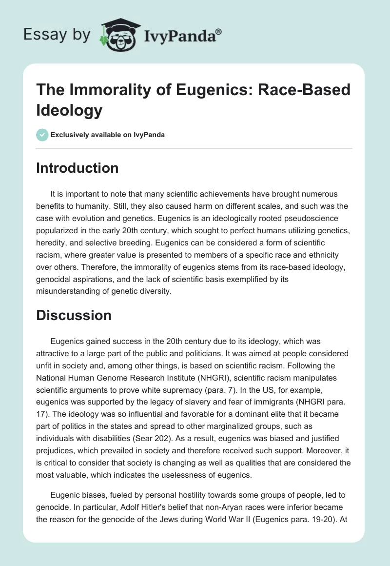 The Immorality of Eugenics: Race-Based Ideology. Page 1