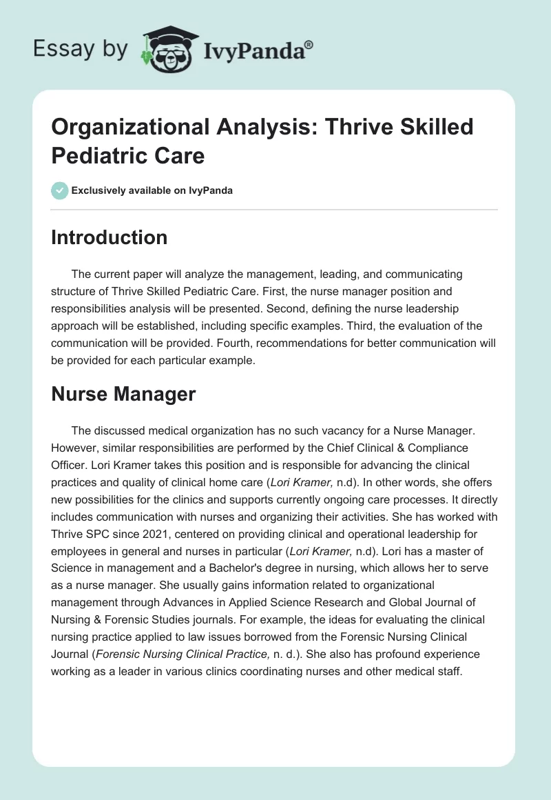 Organizational Analysis: Thrive Skilled Pediatric Care. Page 1