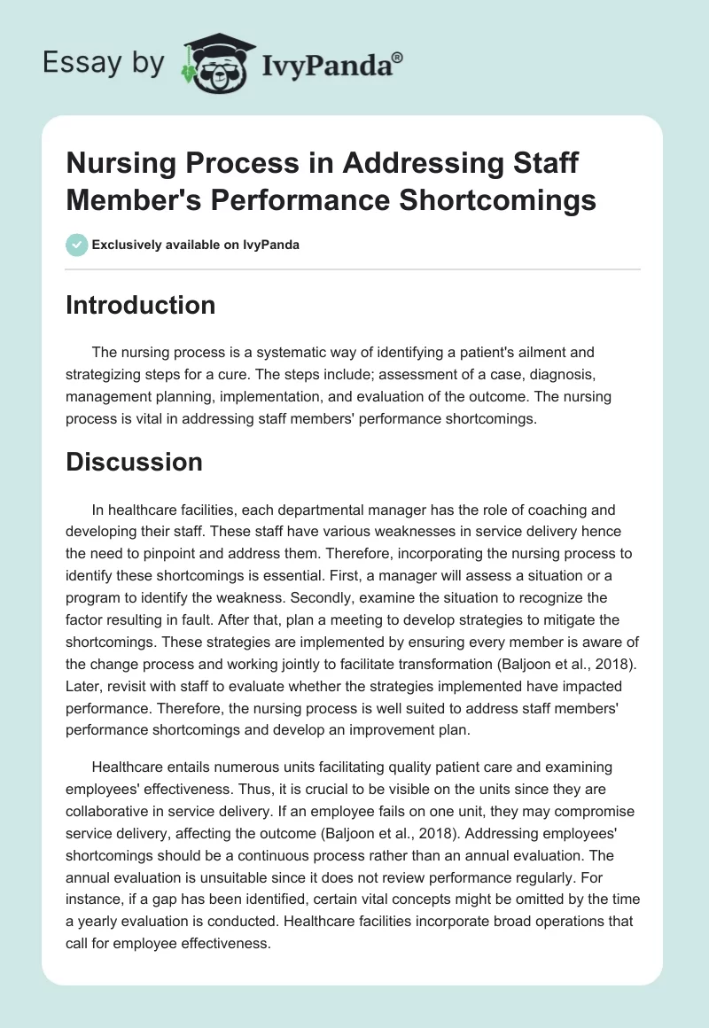 Nursing Process in Addressing Staff Member's Performance Shortcomings. Page 1