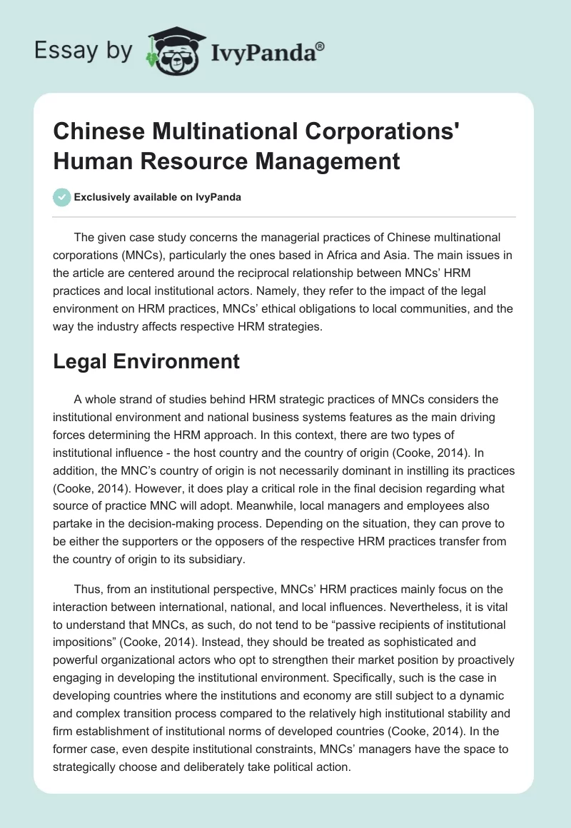 Chinese Multinational Corporations' Human Resource Management. Page 1