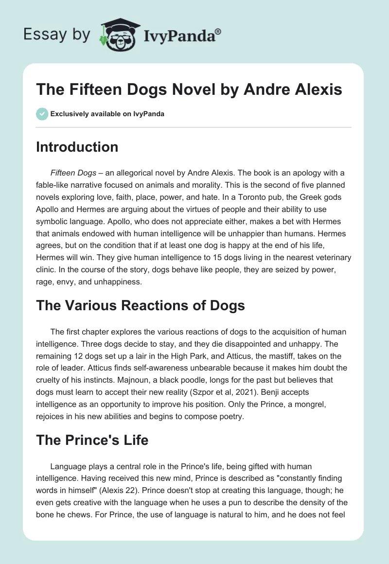 The "Fifteen Dogs" Novel by Andre Alexis. Page 1