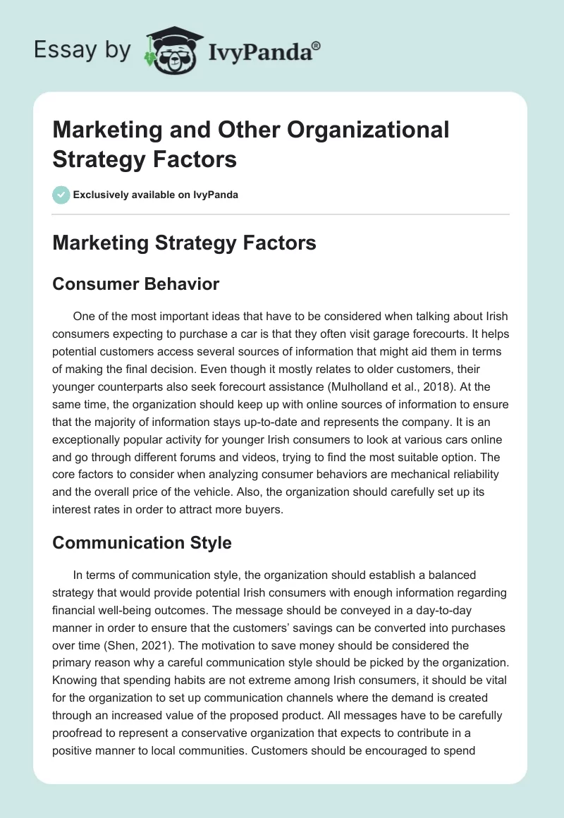 Marketing and Other Organizational Strategy Factors. Page 1