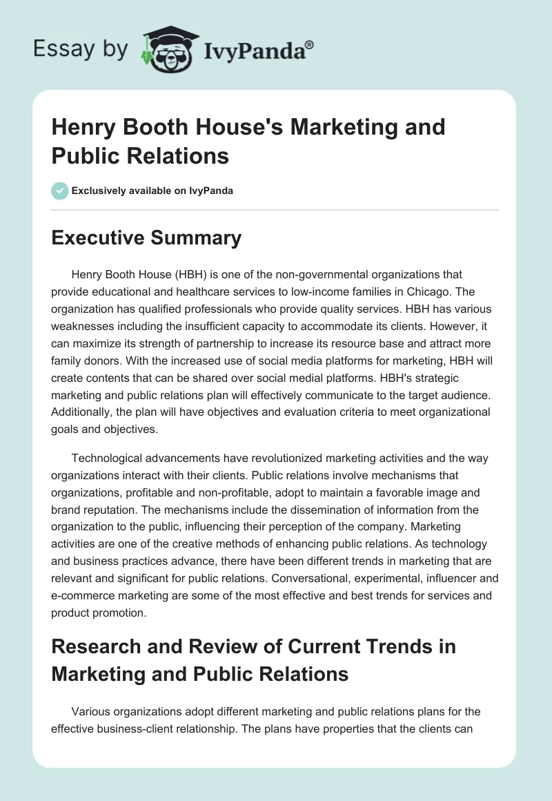 Henry Booth House's Marketing and Public Relations. Page 1
