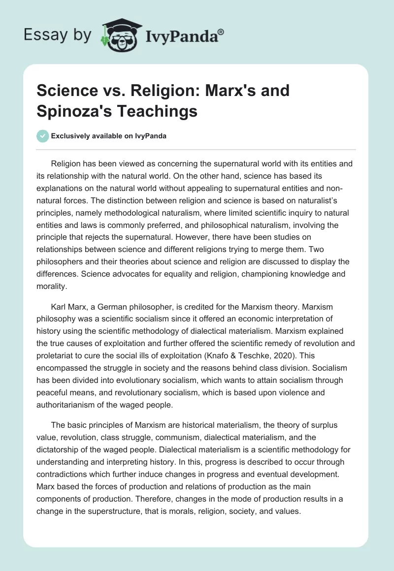 Science vs. Religion: Marx's and Spinoza's Teachings. Page 1