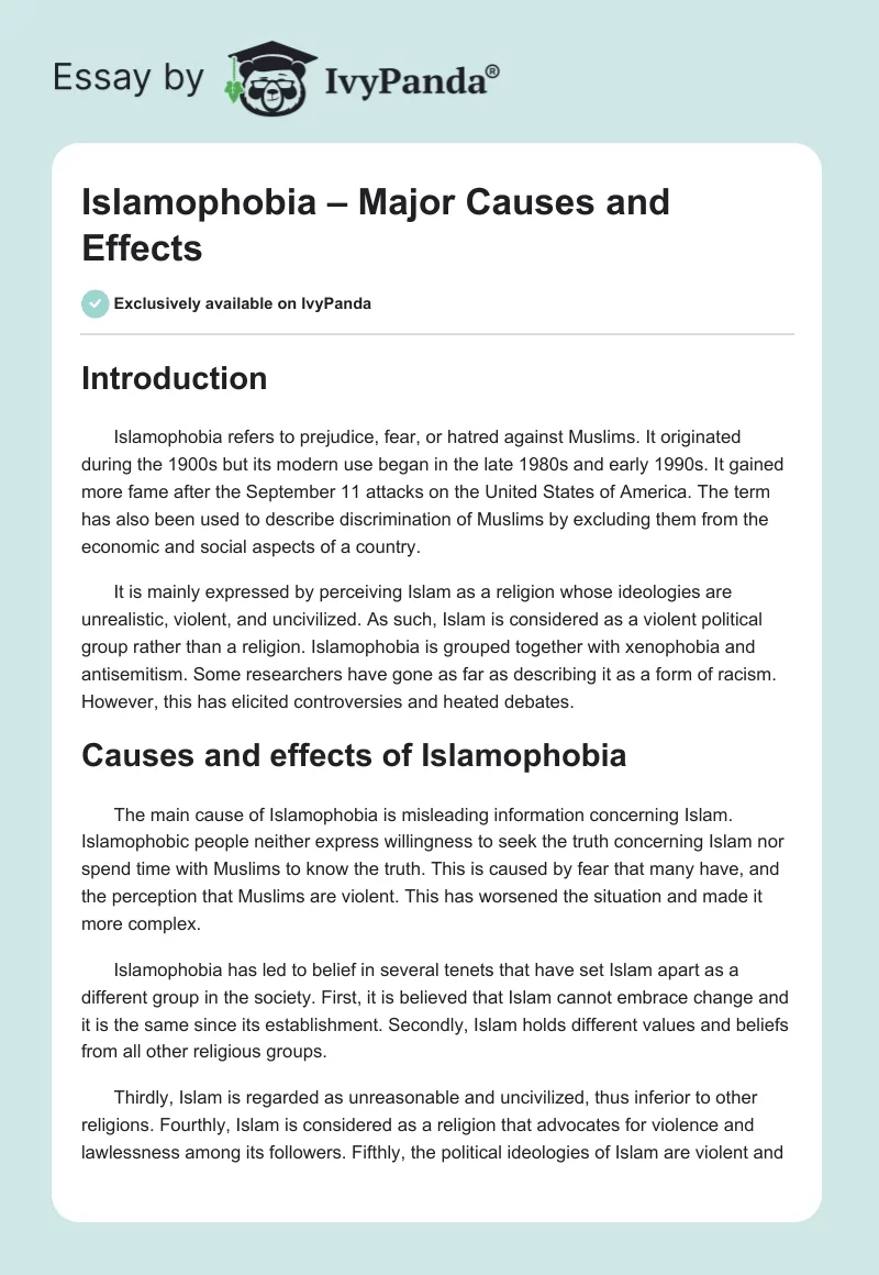 Islamophobia – Major Causes and Effects. Page 1