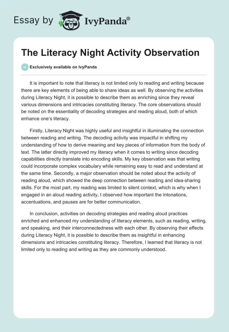 The Literacy Night Activity Observation. Page 1