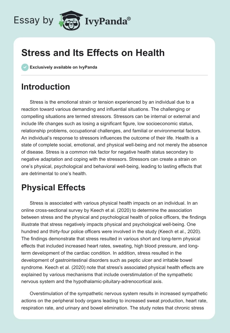 Stress and Its Effects on Health. Page 1