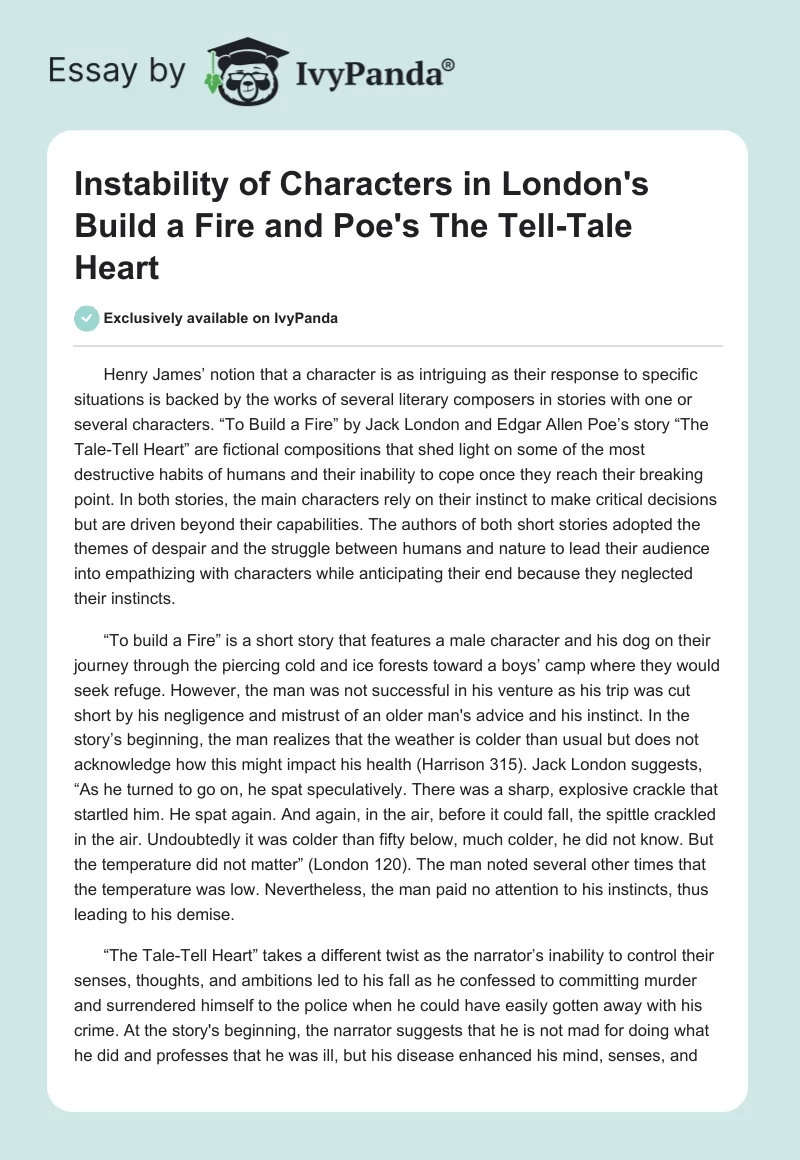 Instability of Characters in London's To Build a Fire and Poe's The Tell-Tale Heart. Page 1