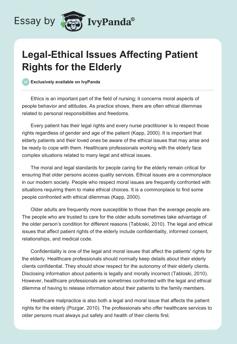 Legal-Ethical Issues Affecting Patient Rights for the Elderly. Page 1