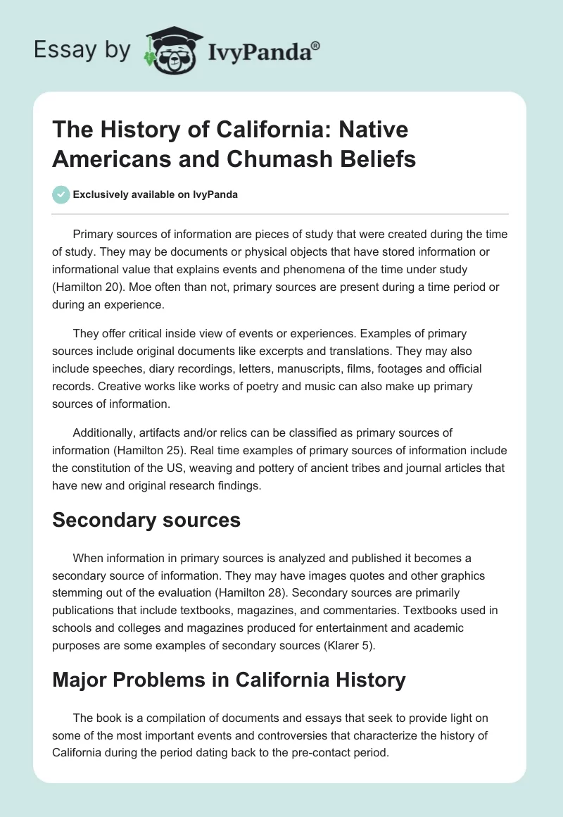 The History of California: Native Americans and Chumash Beliefs. Page 1