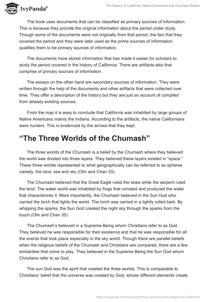 The History of California: Native Americans and Chumash Beliefs. Page 2