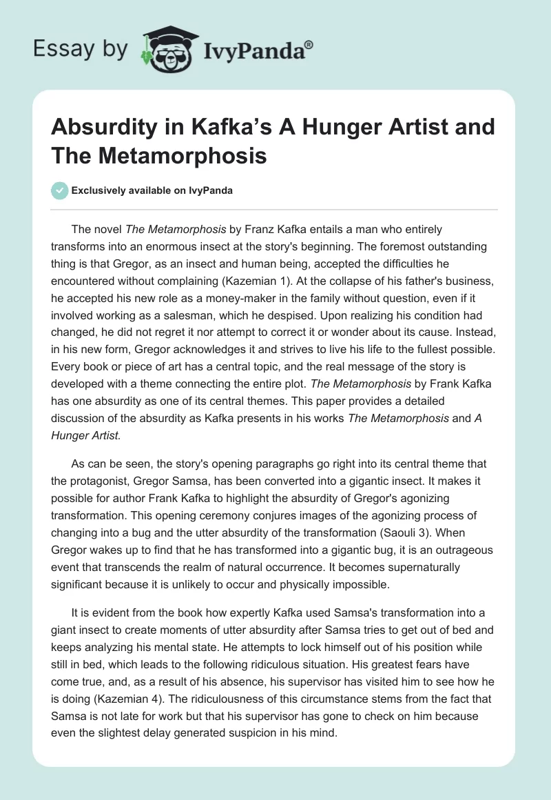 Absurdity in Kafka’s A Hunger Artist and The Metamorphosis. Page 1