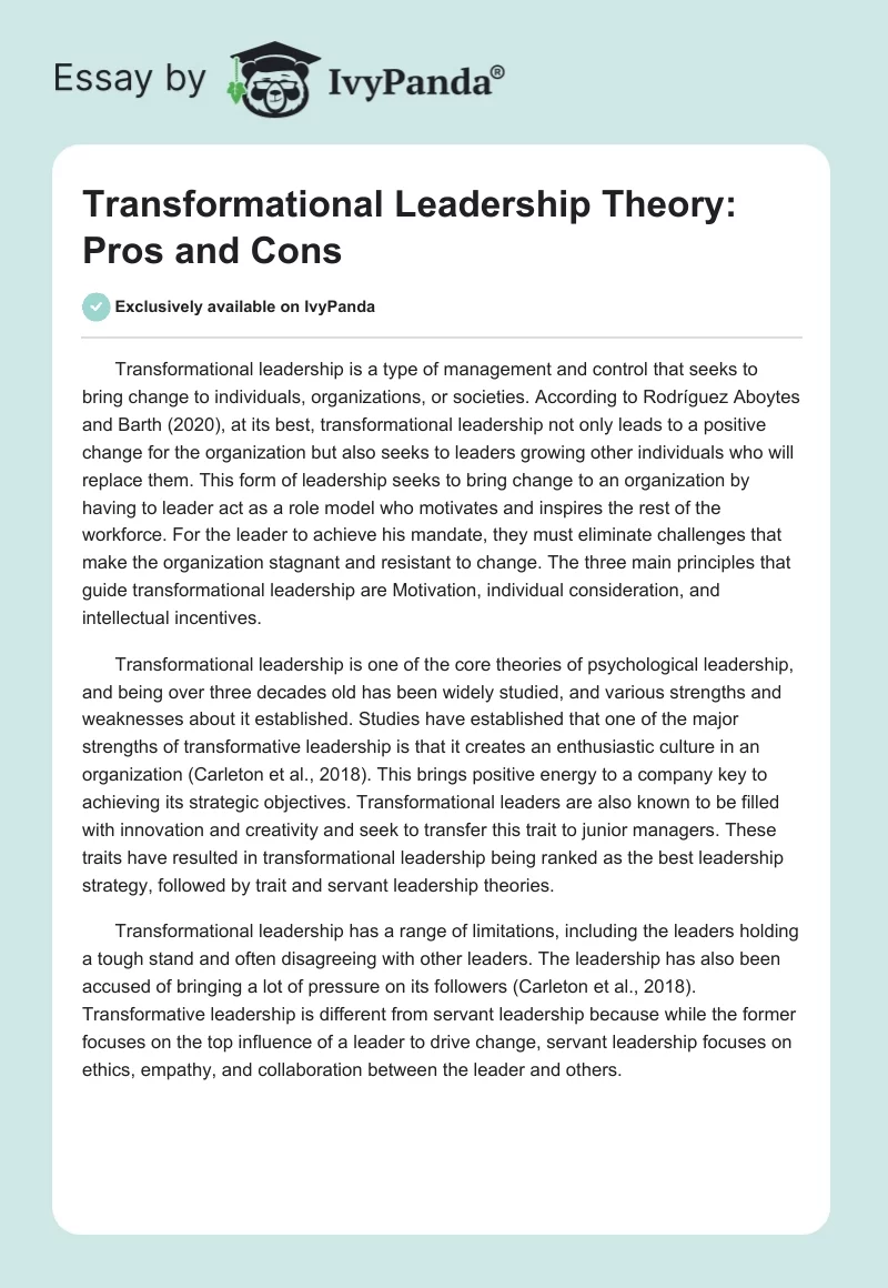 Transformational Leadership Theory: Pros and Cons. Page 1