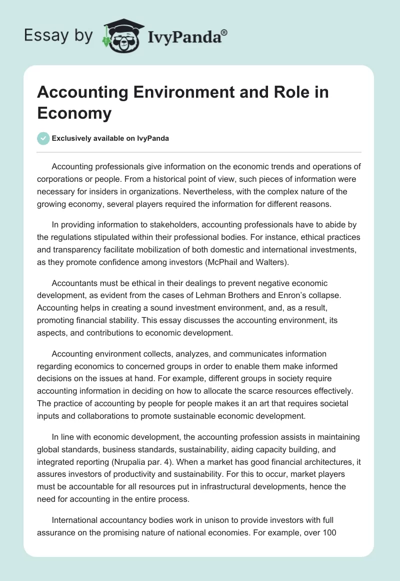Accounting Environment and Role in Economy. Page 1