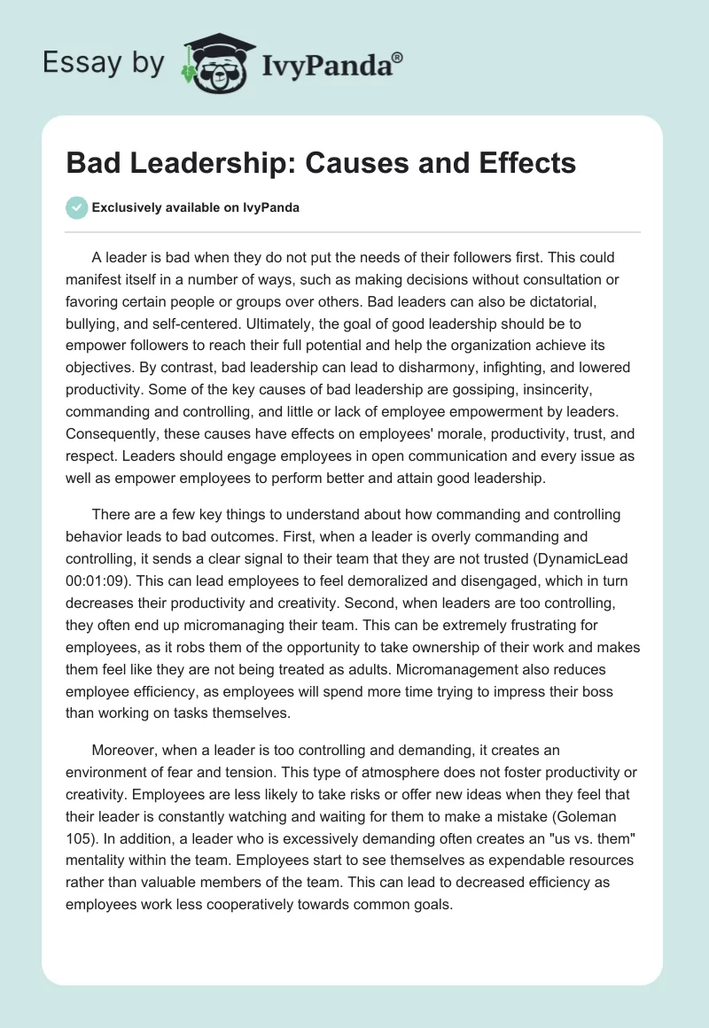 Bad Leadership: Causes and Effects. Page 1