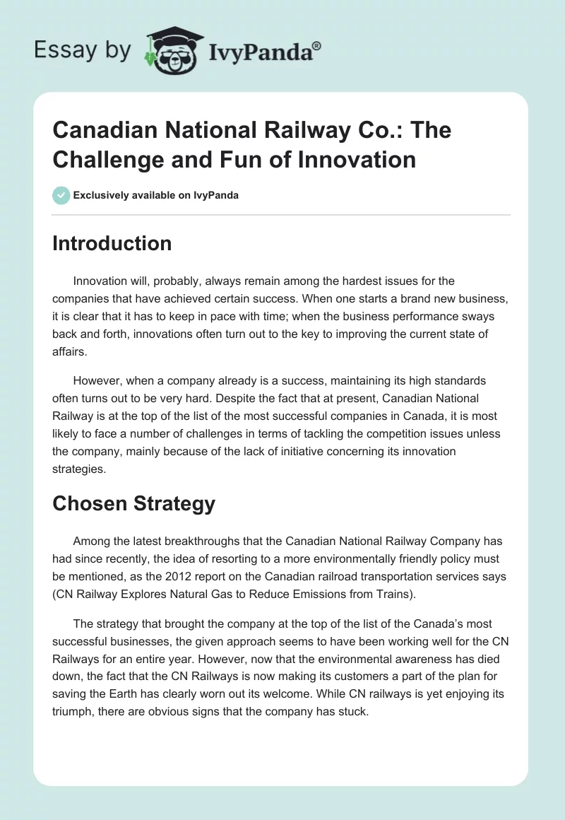 Canadian National Railway Co.: The Challenge and Fun of Innovation. Page 1