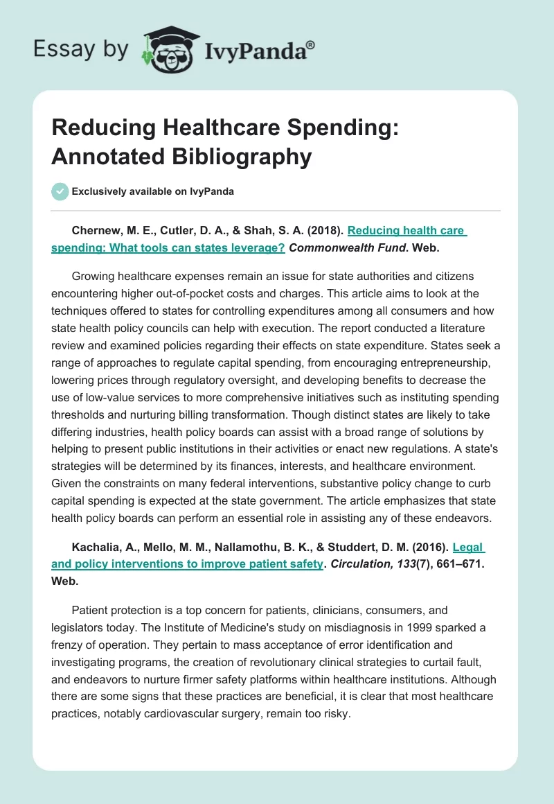 Reducing Healthcare Spending: Annotated Bibliography. Page 1