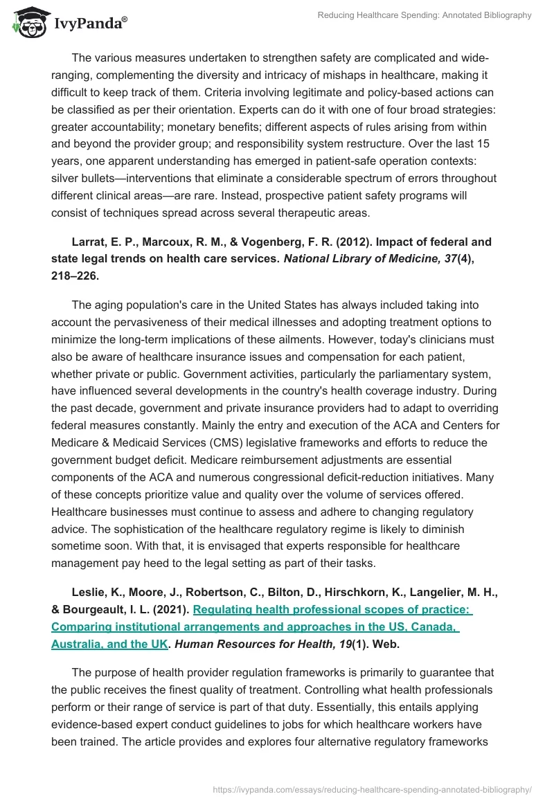 Reducing Healthcare Spending: Annotated Bibliography. Page 2