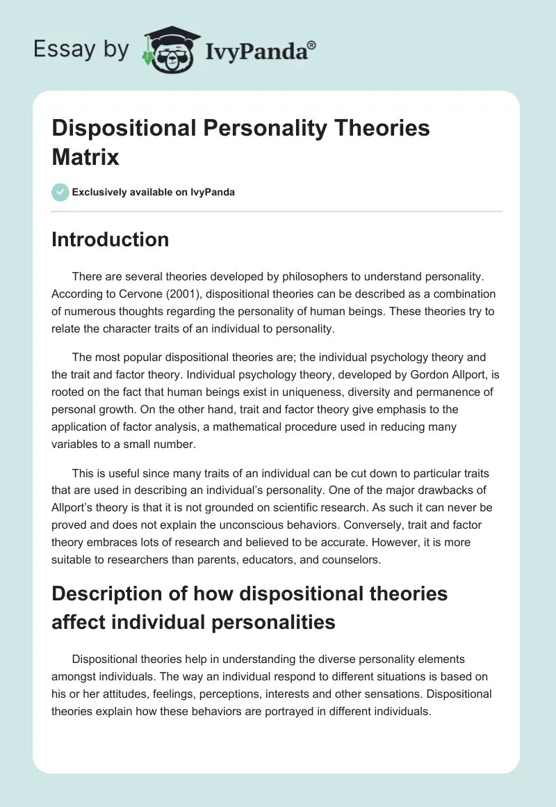 Dispositional Personality Theories Matrix. Page 1