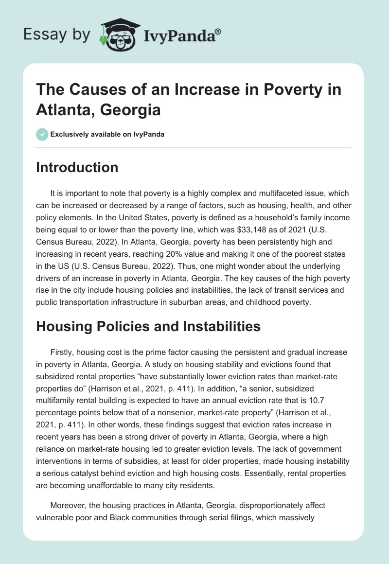The Causes of an Increase in Poverty in Atlanta, Georgia. Page 1