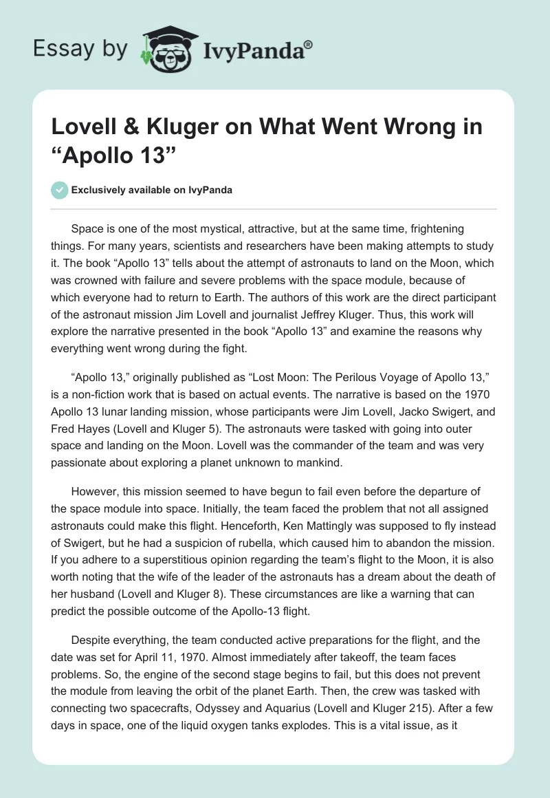 Lovell & Kluger on What Went Wrong in “Apollo 13”. Page 1