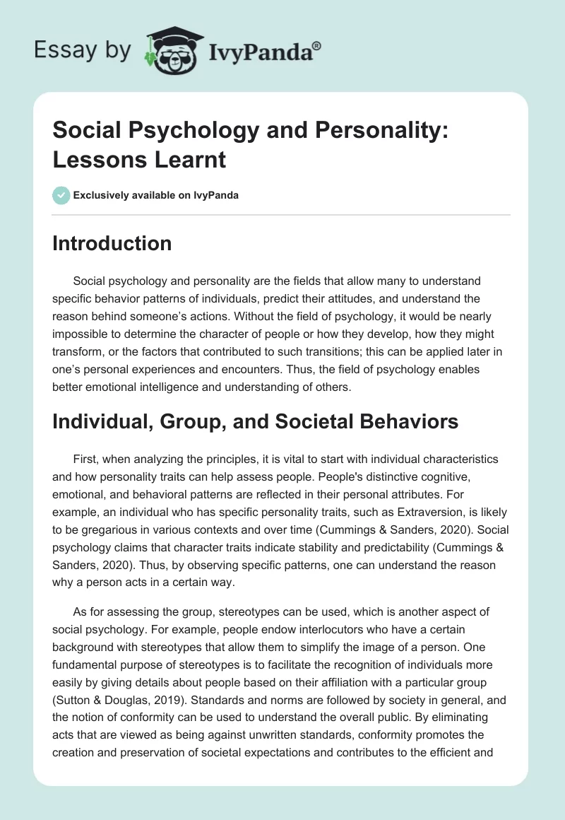 Social Psychology and Personality: Lessons Learnt. Page 1