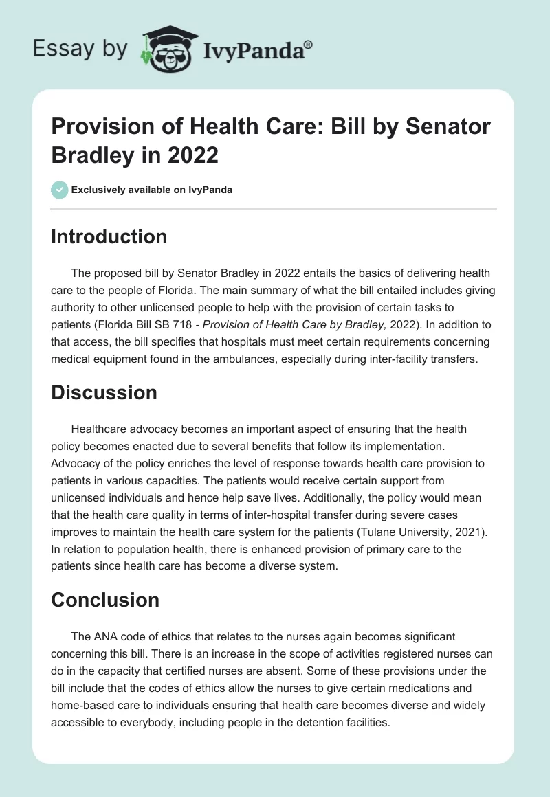 Provision of Health Care: Bill by Senator Bradley in 2022. Page 1