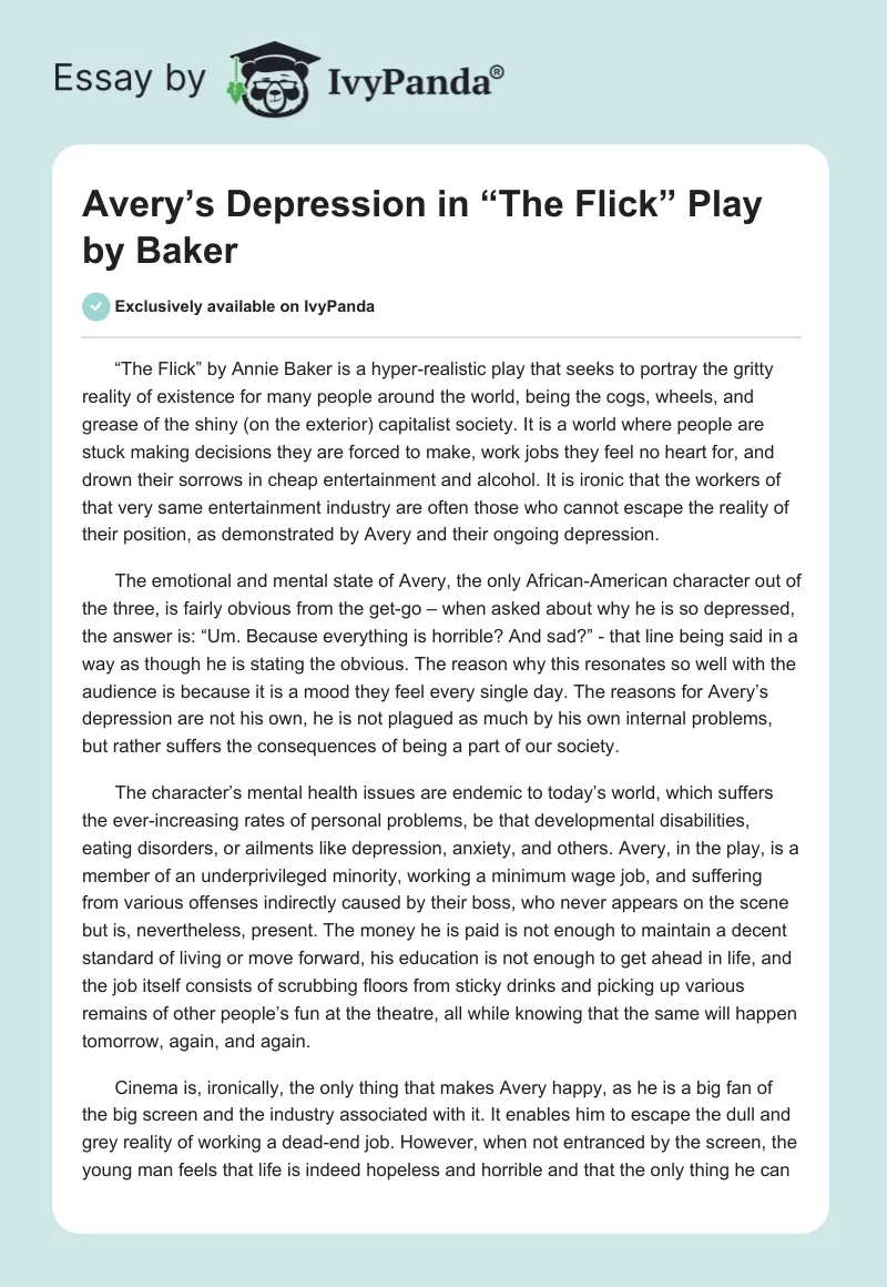 Avery’s Depression in “The Flick” Play by Baker. Page 1