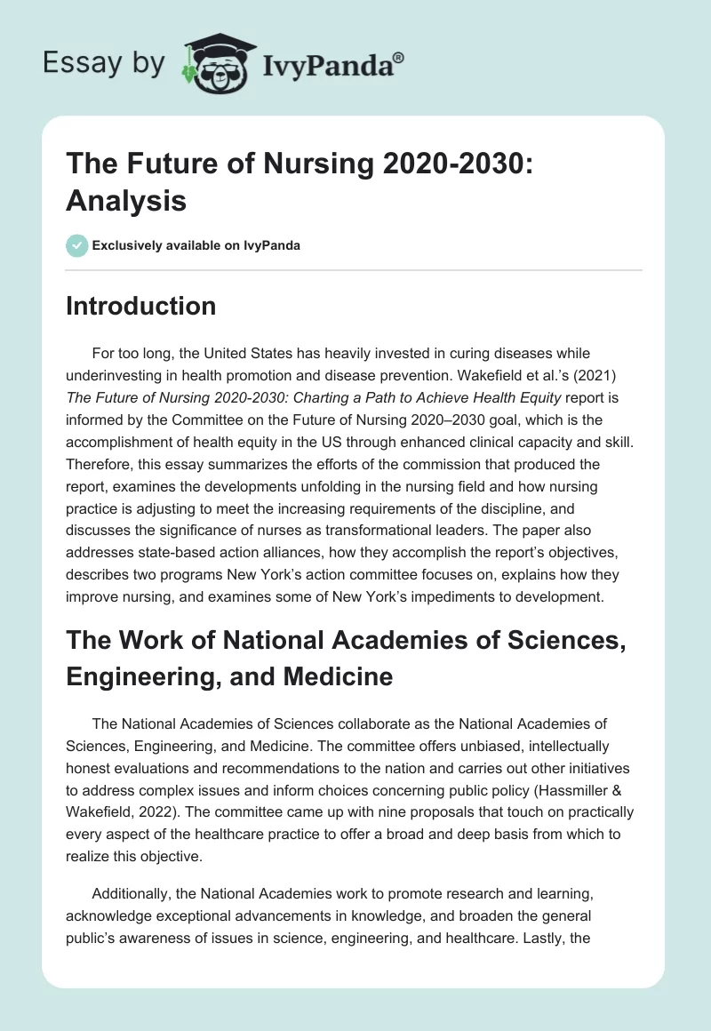The Future of Nursing 2020-2030: Analysis. Page 1