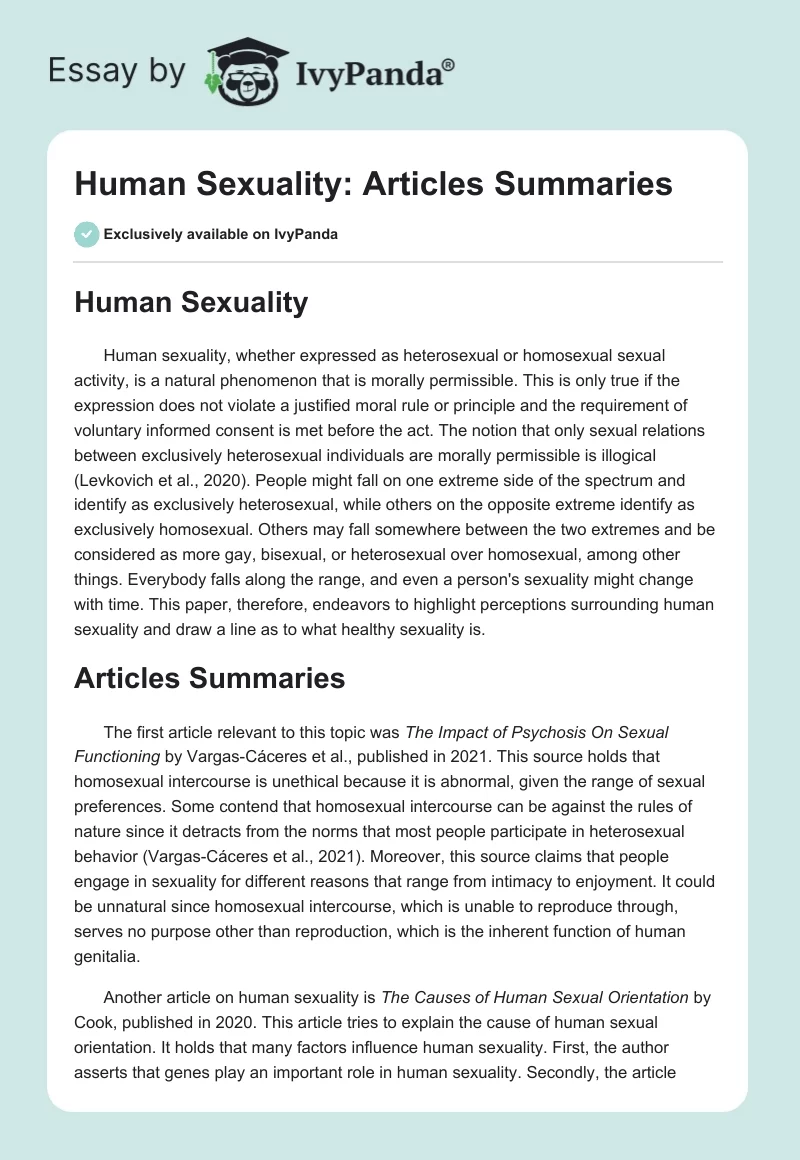 Human Sexuality: Articles Summaries. Page 1
