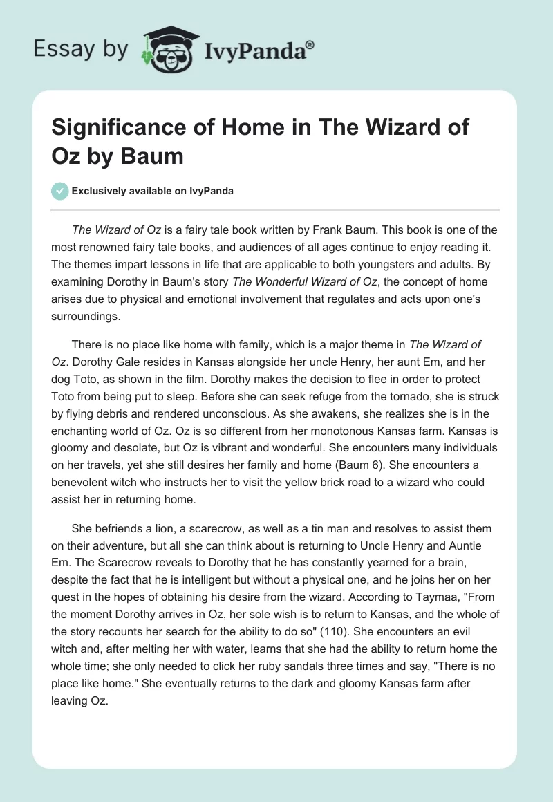 Significance of Home in The Wizard of Oz by Baum. Page 1