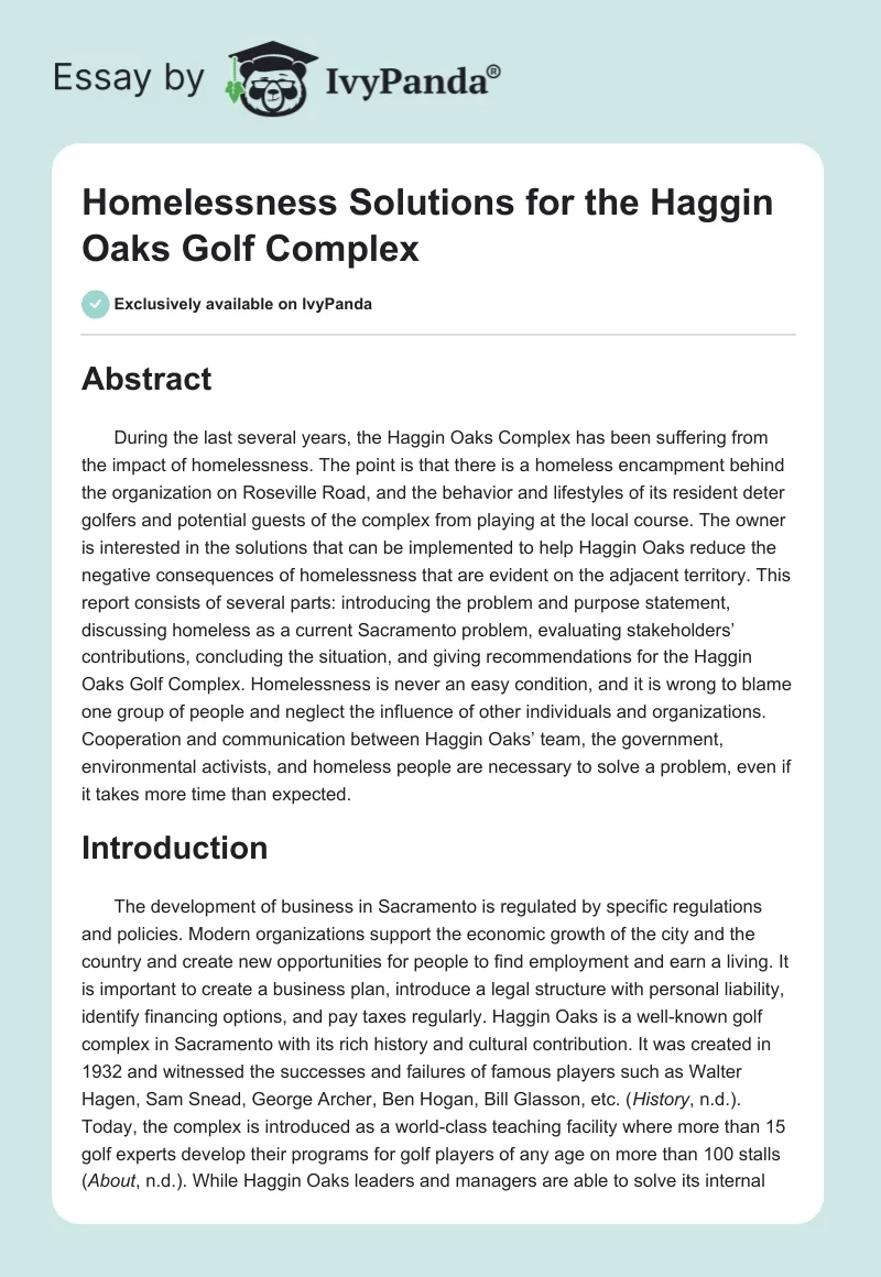 Homelessness Solutions for the Haggin Oaks Golf Complex. Page 1