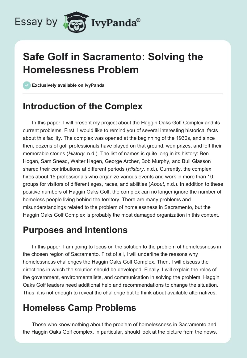 Safe Golf in Sacramento: Solving the Homelessness Problem. Page 1