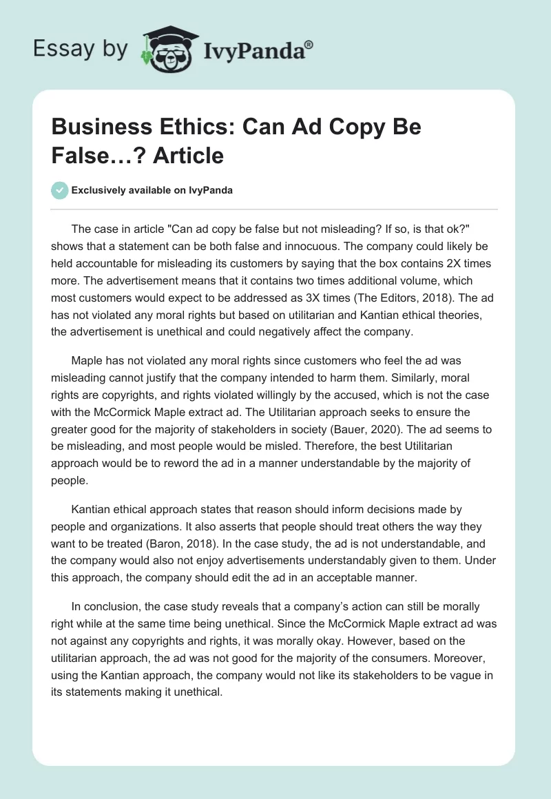 Business Ethics: "Can Ad Copy Be False…?" Article. Page 1