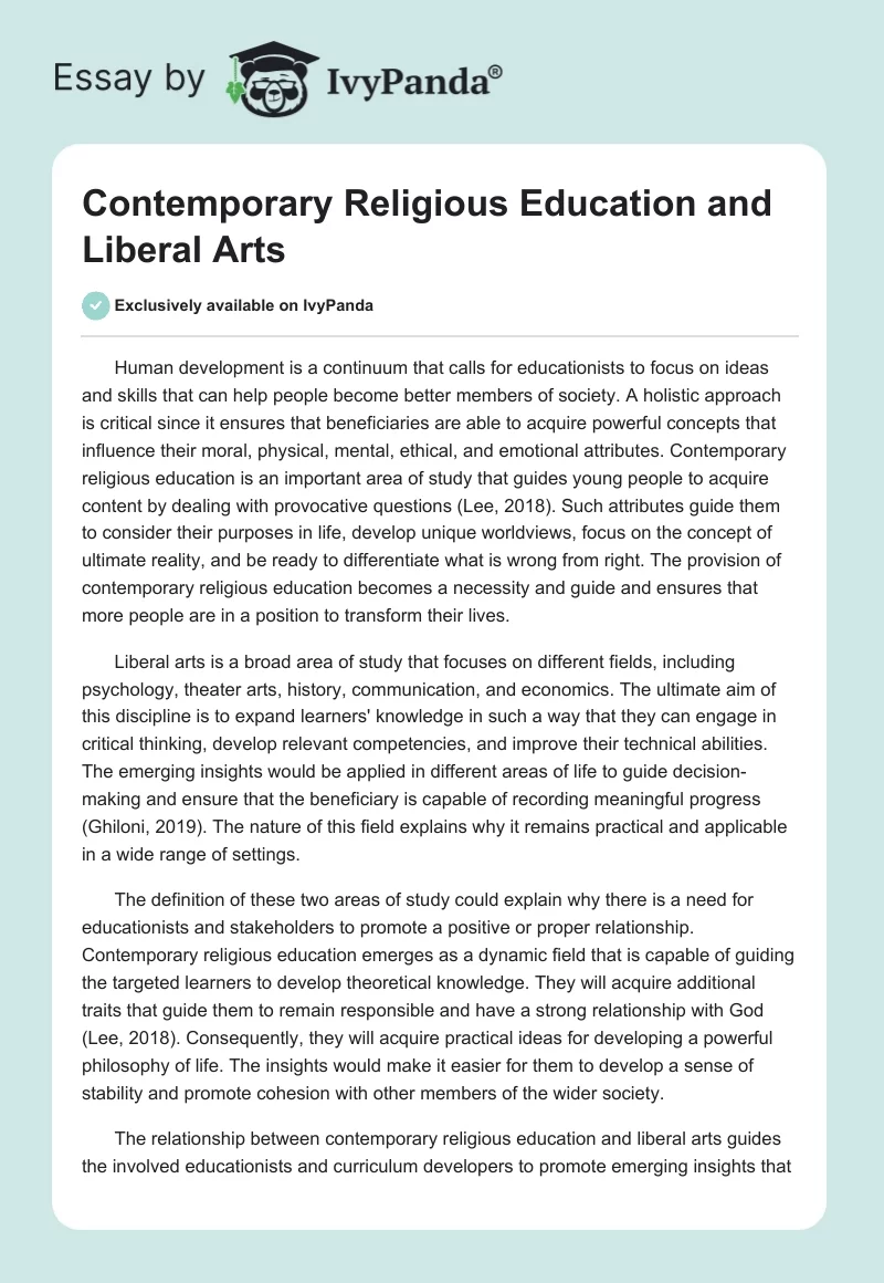 Contemporary Religious Education and Liberal Arts. Page 1