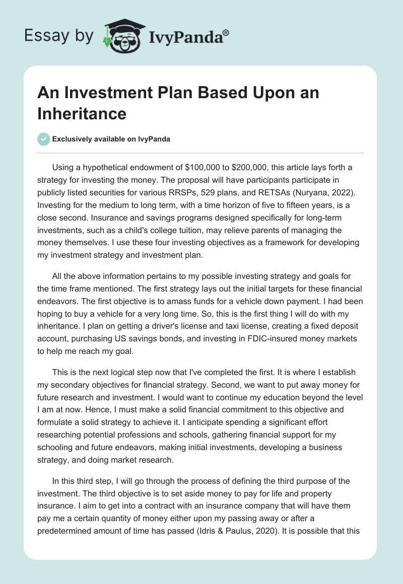 An Investment Plan Based Upon an Inheritance. Page 1
