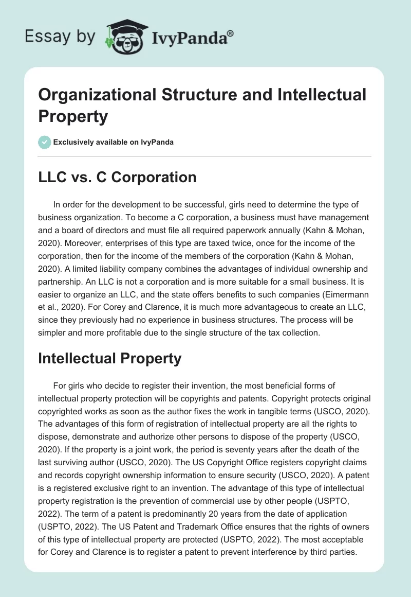 Business Structure and Intellectual Property Protection: Case Analysis. Page 1