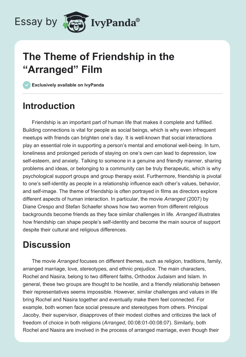 The Theme of Friendship in the “Arranged” Film. Page 1