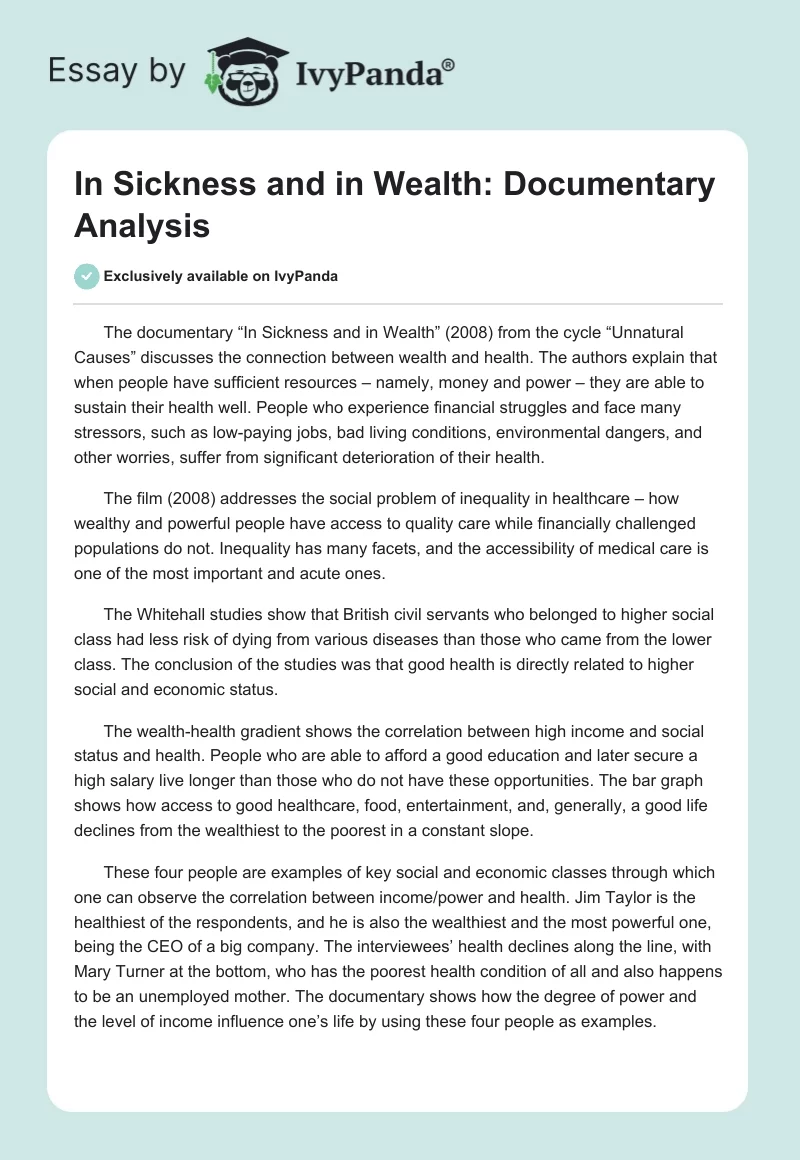 In Sickness and in Wealth: Documentary Analysis. Page 1
