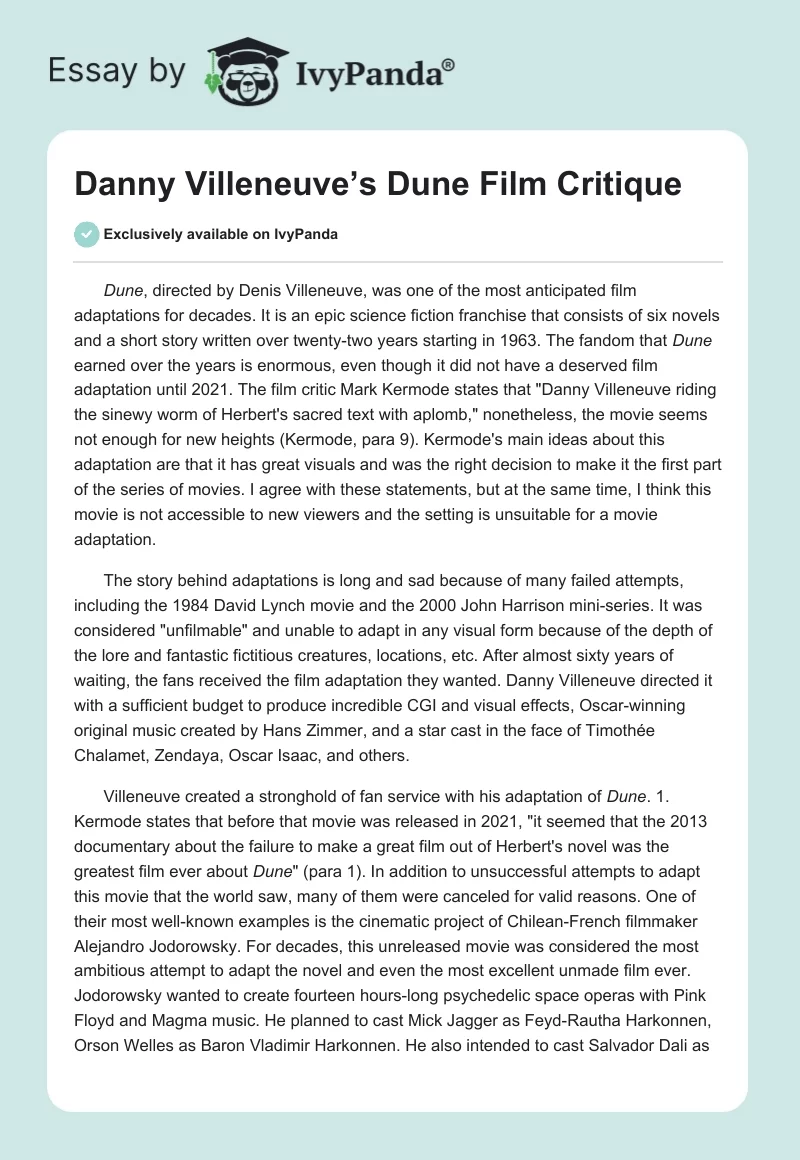 Danny Villeneuve’s Dune Film Critique. Page 1