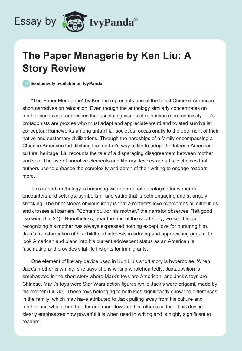 "The Paper Menagerie" by Ken Liu: A Story Review. Page 1