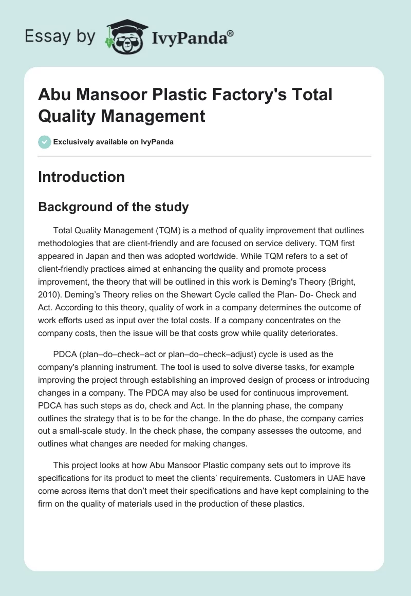 Abu Mansoor Plastic Factory's Total Quality Management. Page 1