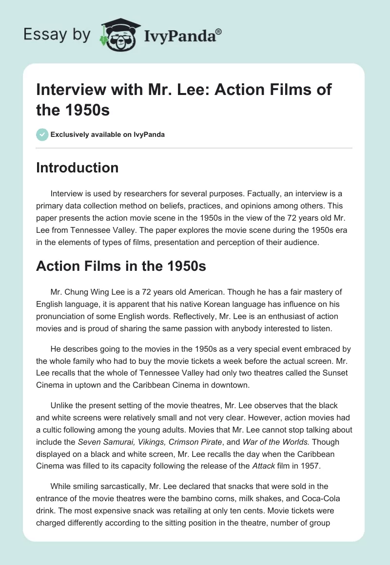 Interview With Mr. Lee: Action Films of the 1950s. Page 1