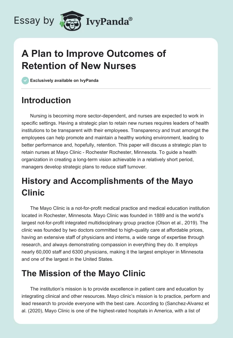 A Plan to Improve Outcomes of Retention of New Nurses. Page 1
