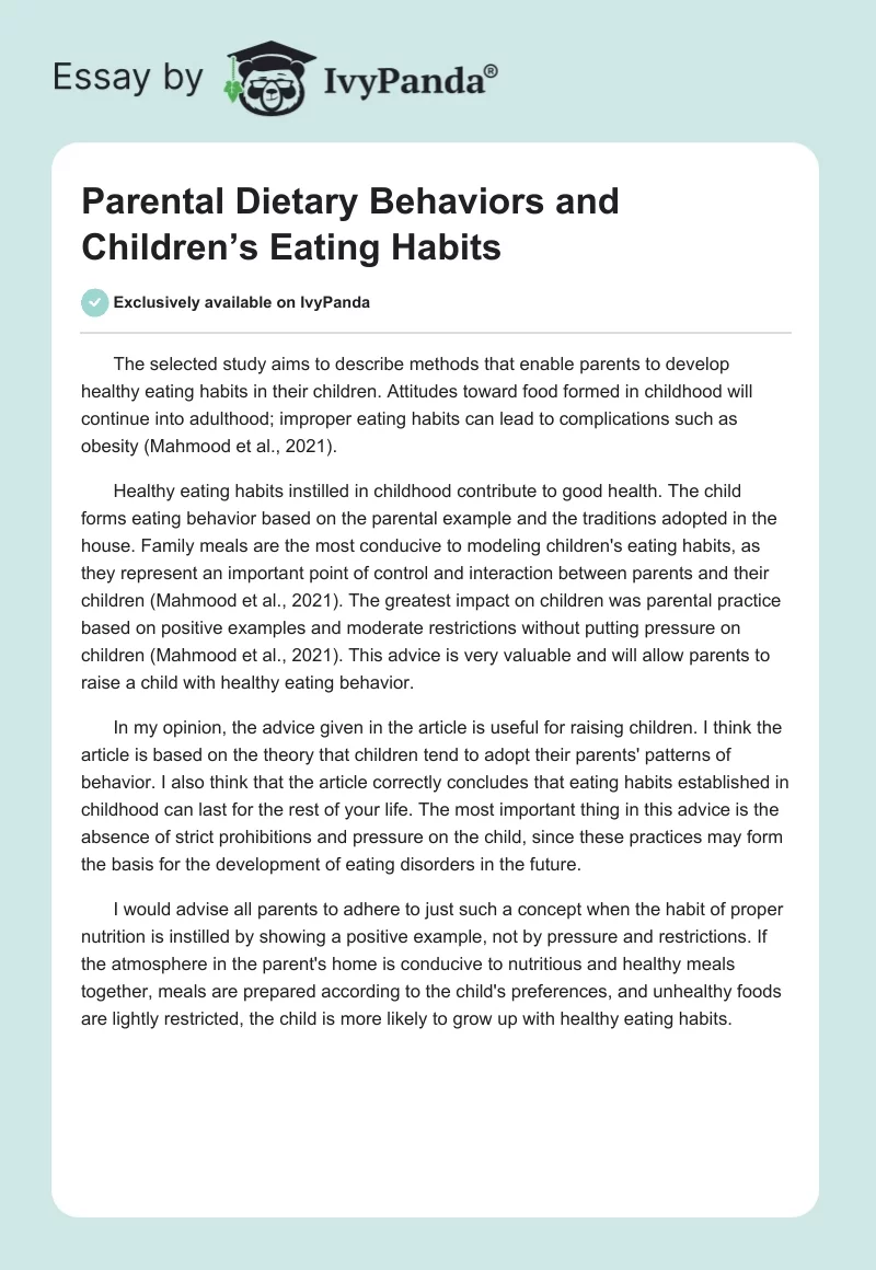 Parental Dietary Behaviors and Children’s Eating Habits. Page 1