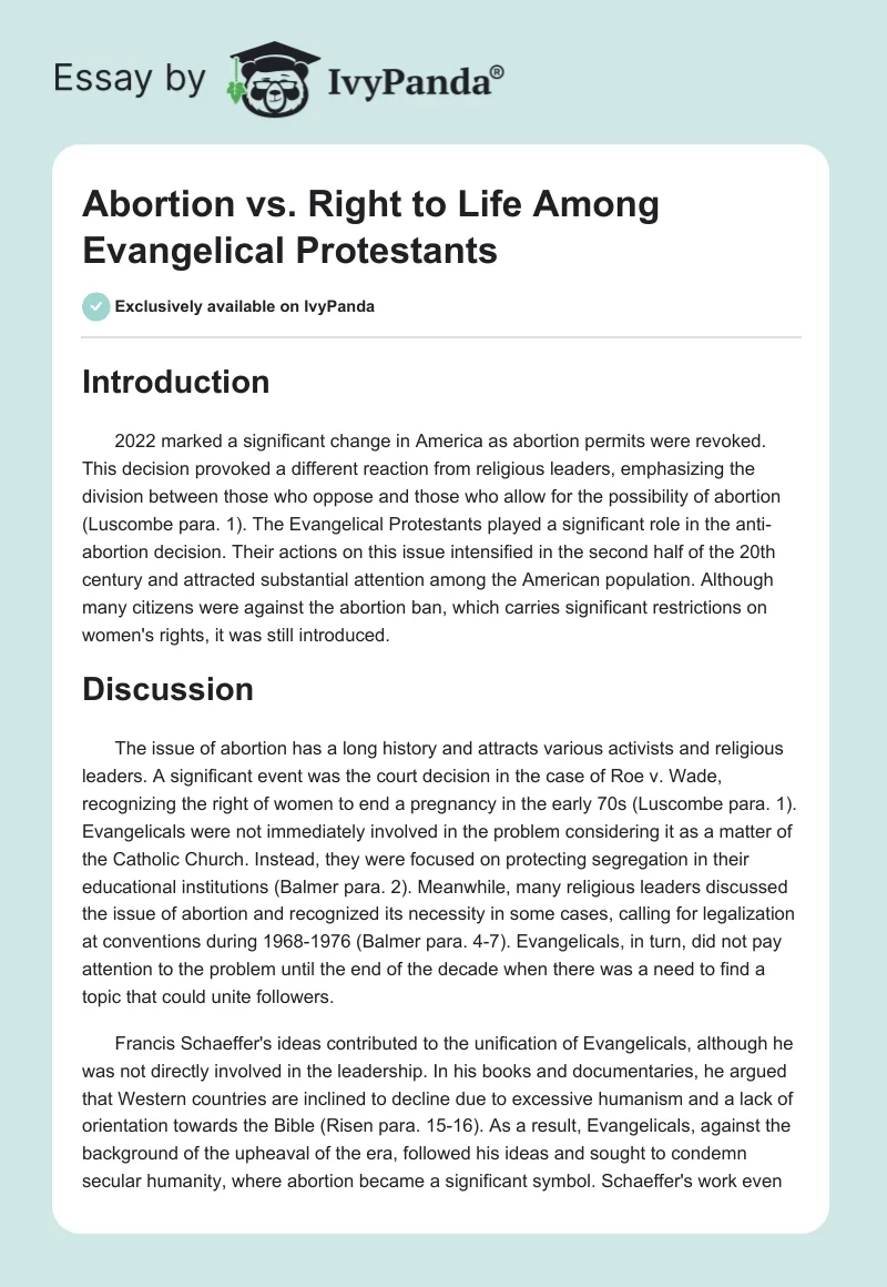 Abortion vs. Right to Life Among Evangelical Protestants. Page 1