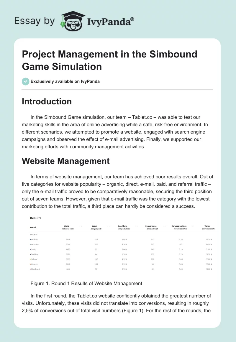 Project Management in the Simbound Game Simulation. Page 1