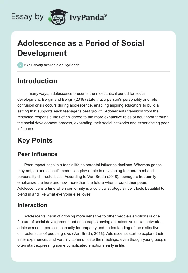 Adolescence as a Period of Social Development. Page 1