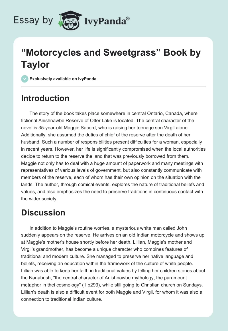 “Motorcycles and Sweetgrass” Book by Taylor. Page 1