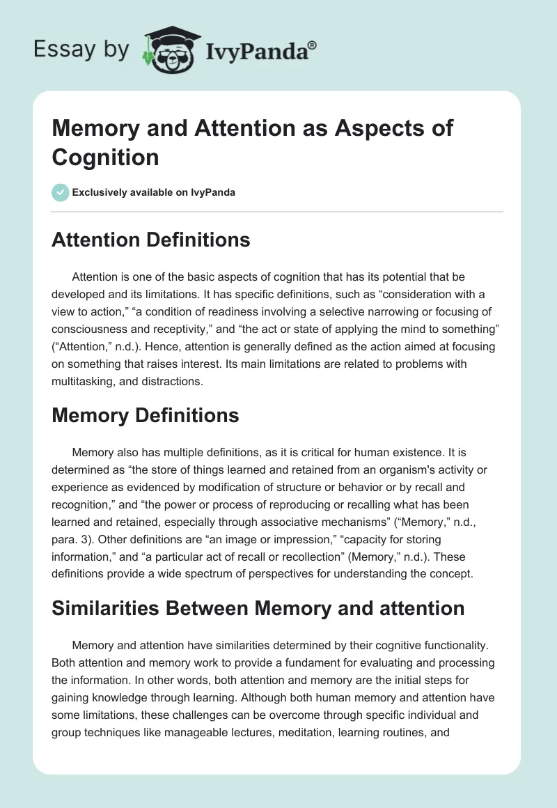 Memory and Attention as Aspects of Cognition. Page 1
